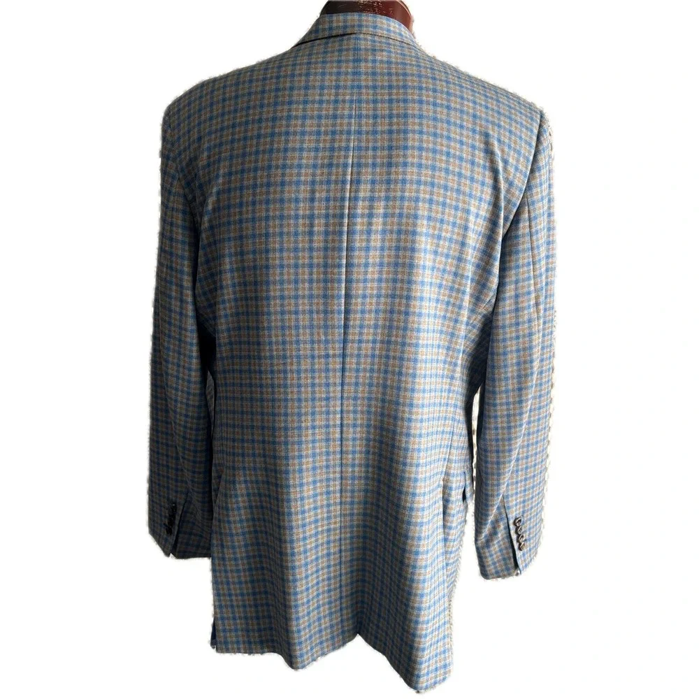 Bespoke Holland & Sherry Tom James Check Wool Sport‎ Coat Tailored Fit Blue 46L